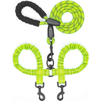 FlexiWalk™ Shock-Absorbing Double Dog Leash – Nylon, Stretchable, Anti-Winding for Comfortable Walks