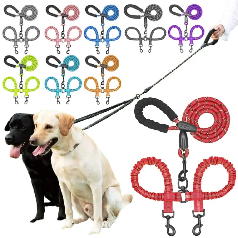 FlexiWalk™ Shock-Absorbing Double Dog Leash – Nylon, Stretchable, Anti-Winding for Comfortable Walks