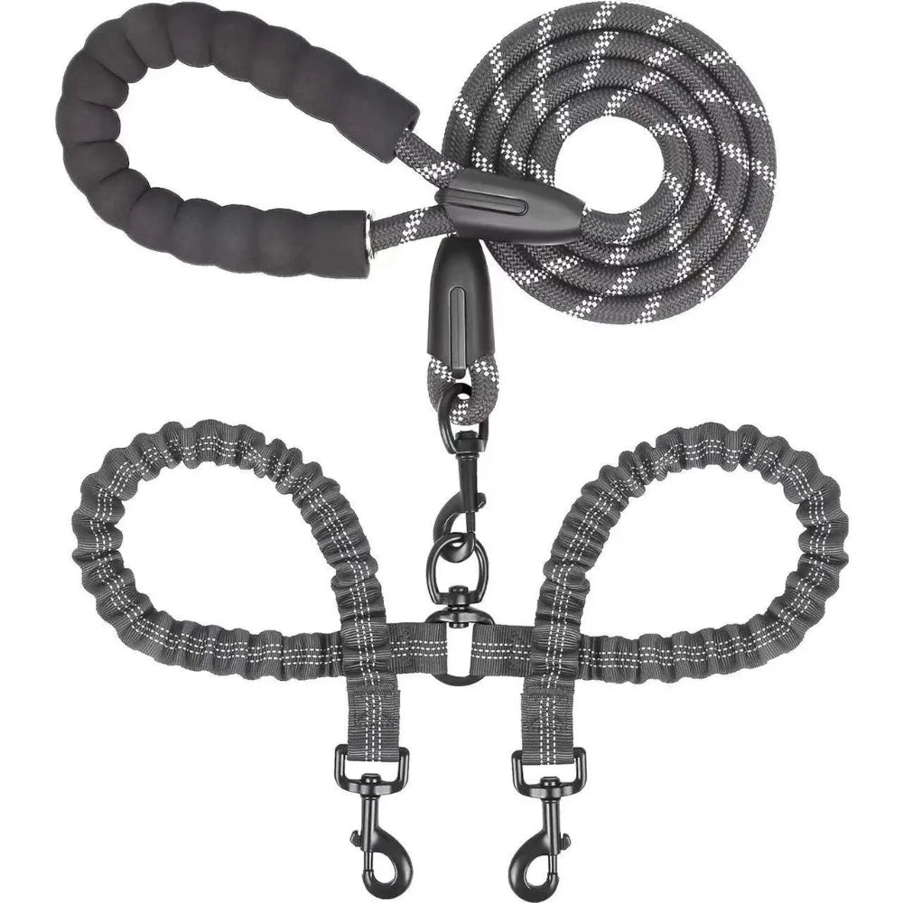 Shock Absorbing Two Dog Lead Rope Nylon Stretchable Double Headed Leash Multifunctional Anti-Winding Pet Walking Rope
